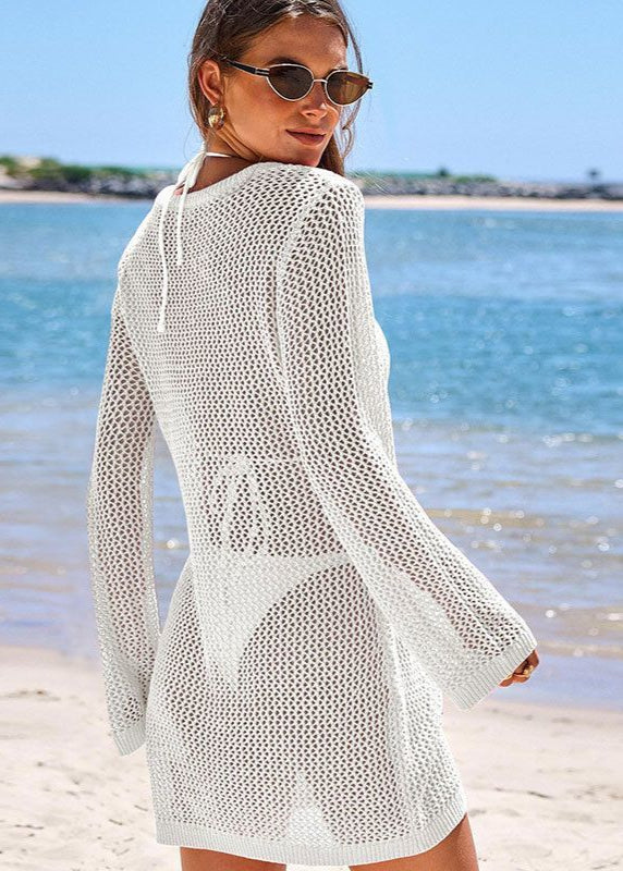 Solea Knit Mesh Beach Dress – Long Sleeve Cover-Up with Ring Detail