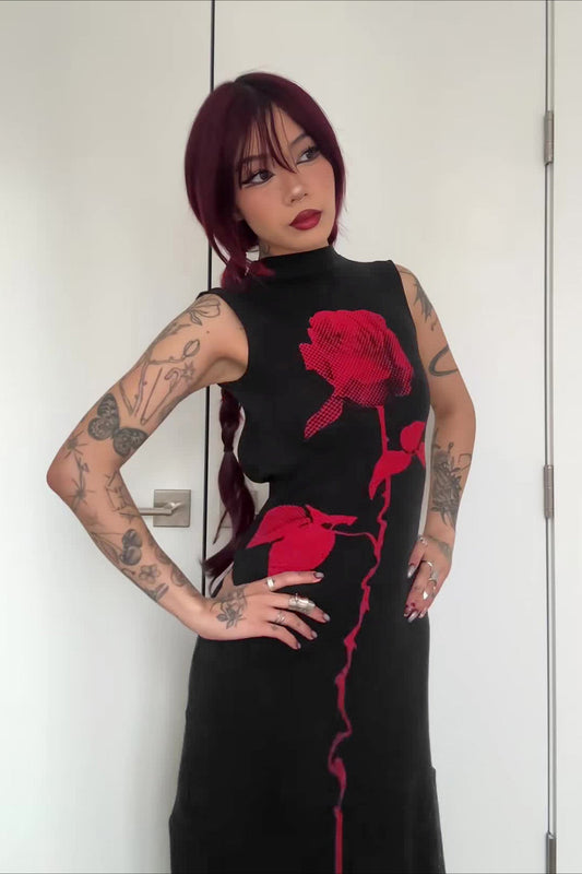 Dark Rose Floral High Neck Sleeveless Side Slit Bodycon Maxi Dress