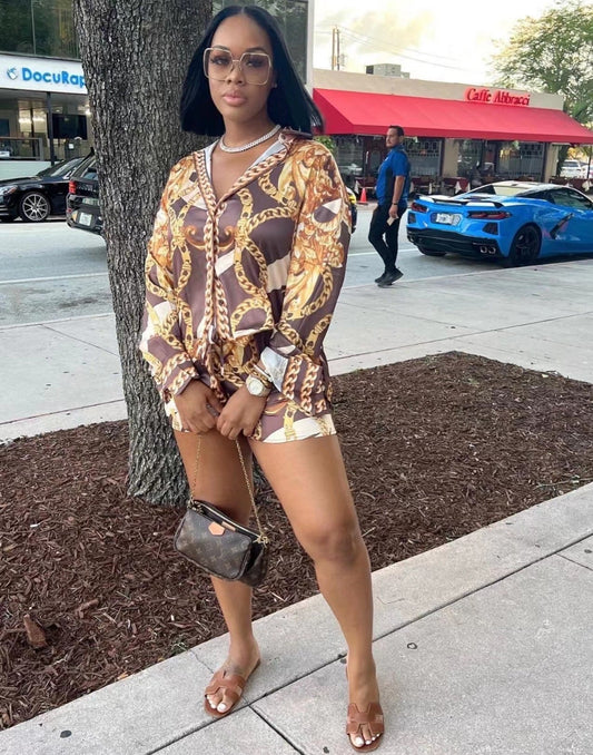 Conjunto de dos piezas de ropa para mujer, camisa informal de manga larga, pantalones holgados y rectos, estampado