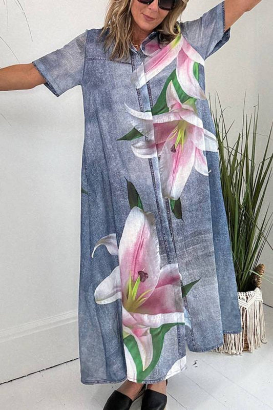 Vestido camisero largo con bolsillos y estampado de orquídeas en tela vaquera sintética