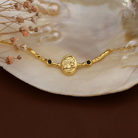 Vintage Portrait Embossed Black Zircon Necklace