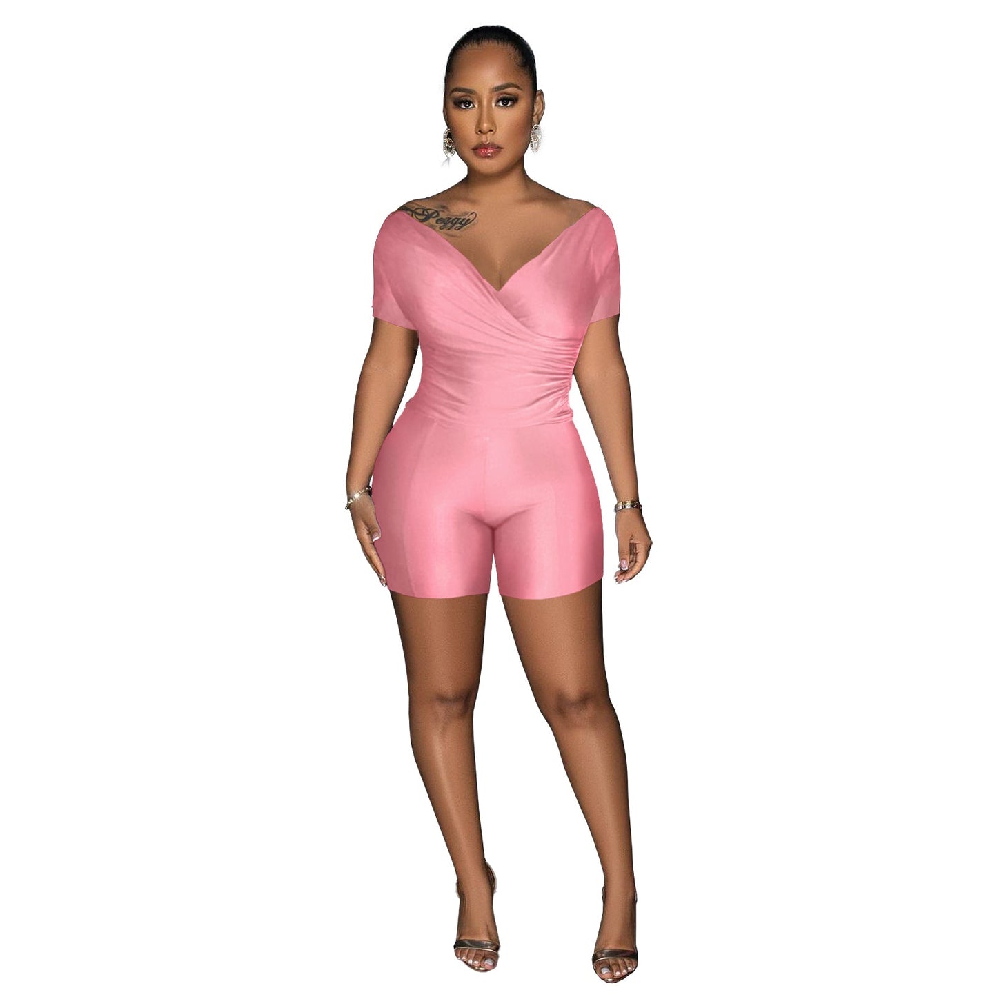 Conjunto de dos piezas de blusa y pantalón con cuello en V plisado reflectante de color liso para mujer