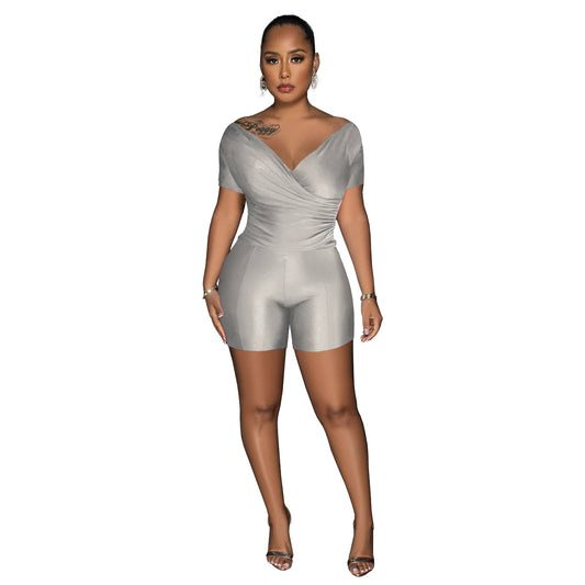 Conjunto de dos piezas de blusa y pantalón con cuello en V plisado reflectante de color liso para mujer