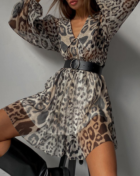 V Neck Long Sleeve Leopard Print Dress