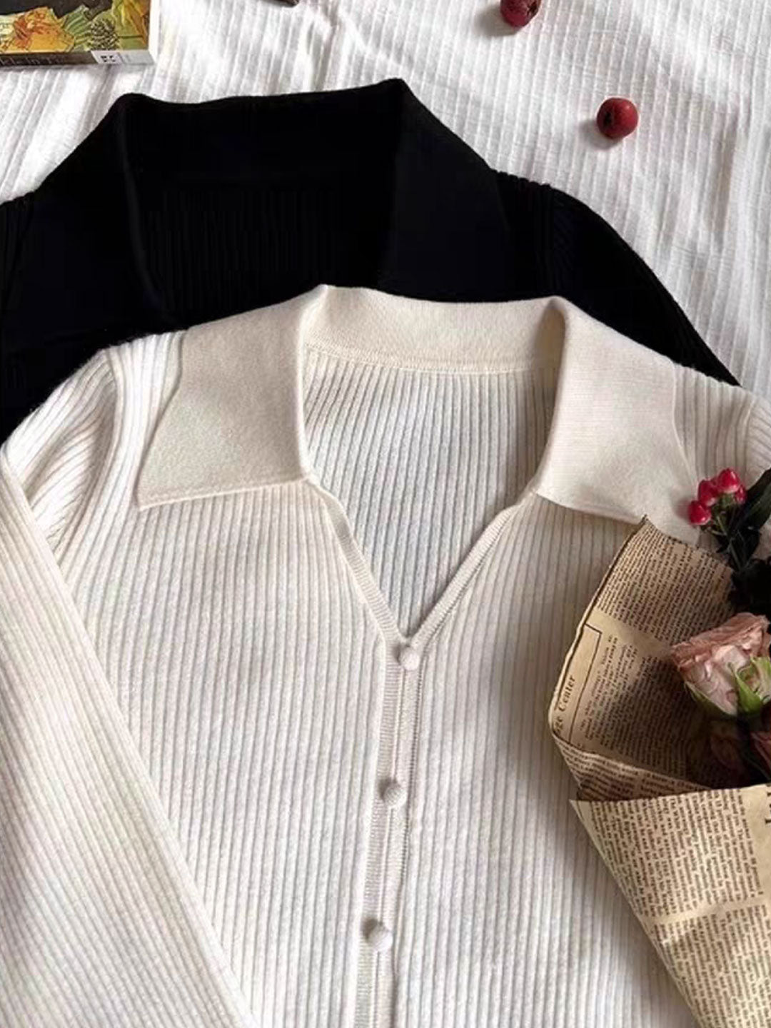 Zoey Retro V-Neck Solid Color Knitted Top