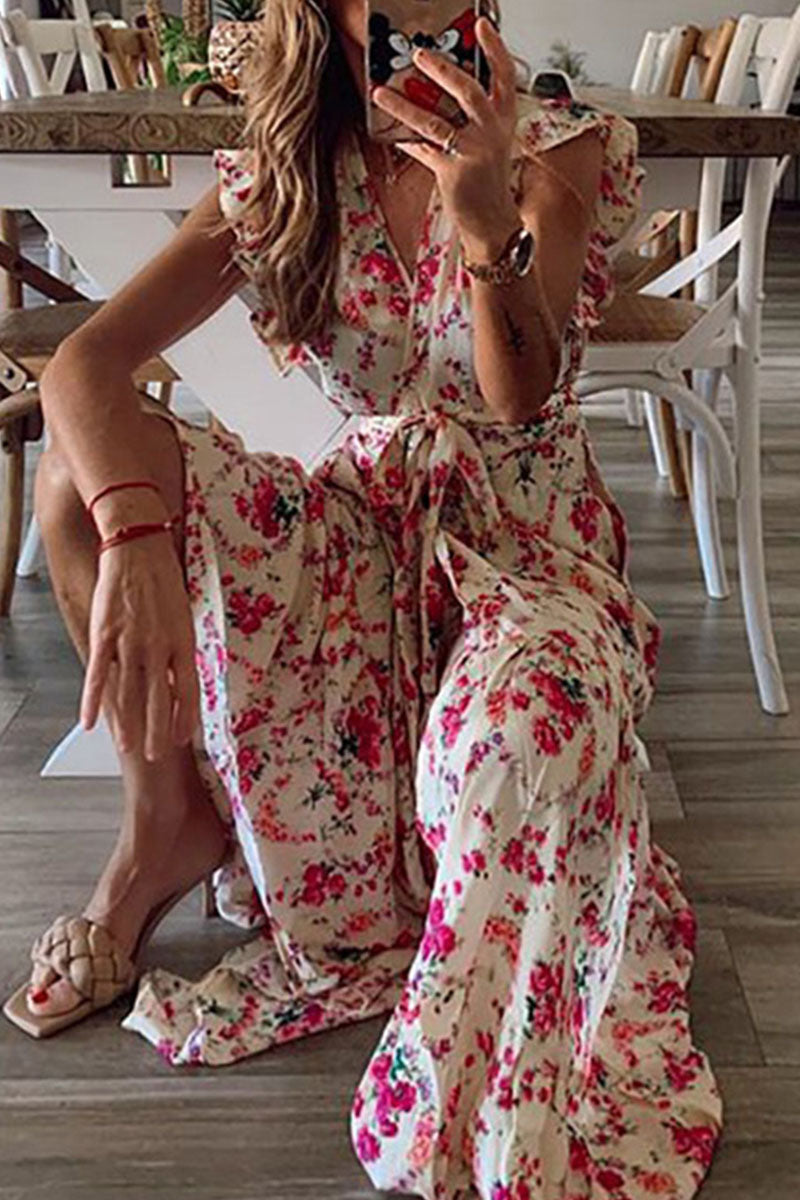 Vestido estampado de moda urbana con cuello en V y frenillo