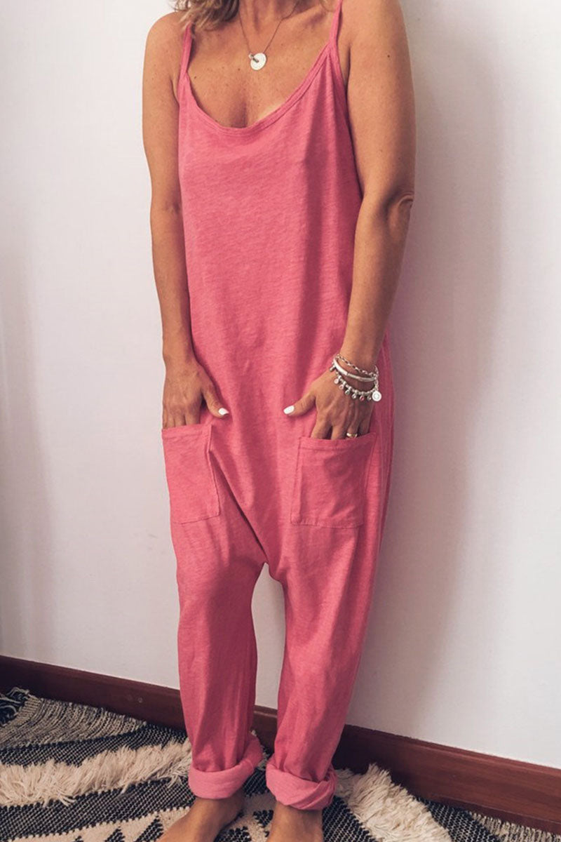 Mono holgado informal de moda con bolsillos sólidos y tirantes finos