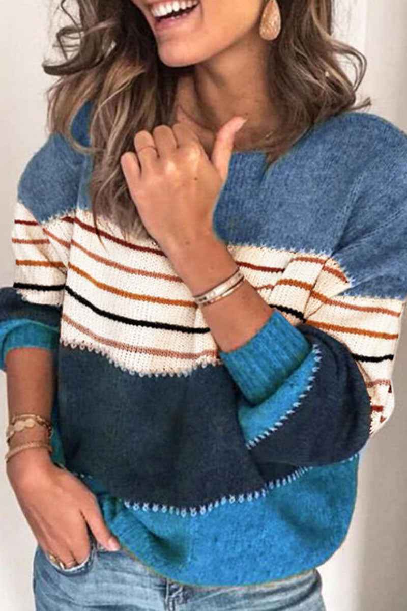 Tops de cuello redondo con patchwork a rayas de moda urbana