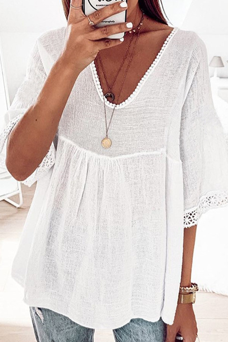 Camisetas casuales de encaje con cuello en V y patchwork