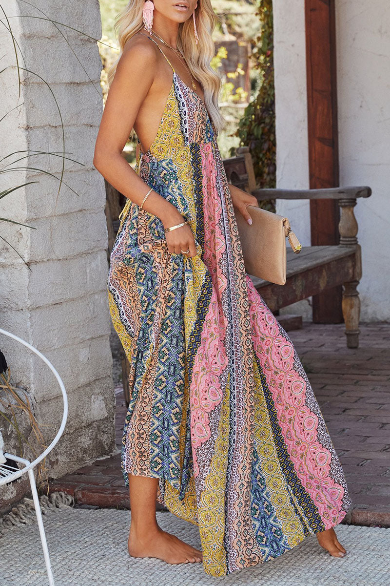 Vestidos de línea A con escote en V y espalda descubierta con estampado de calle de moda