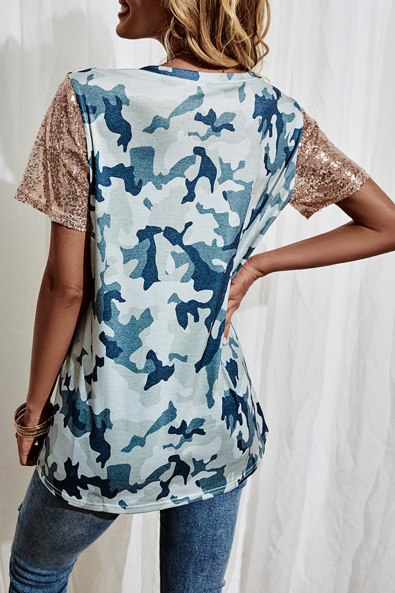 Camisetas casuales de moda con cuello asimétrico, lentejuelas y abertura en la costura