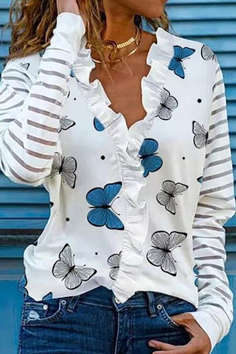 Blusa informal con cuello en V, volante y estampado de mariposas a rayas