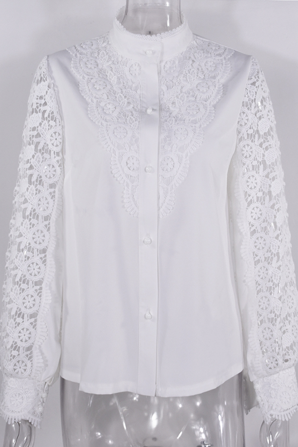 Blusa elegante de cuello mandarín con hebilla ahuecada y encaje liso (4 colores)