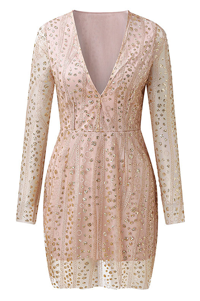 Vestidos elegantes de moda con lentejuelas y retazos de malla transparente con cuello en V y falda lápiz