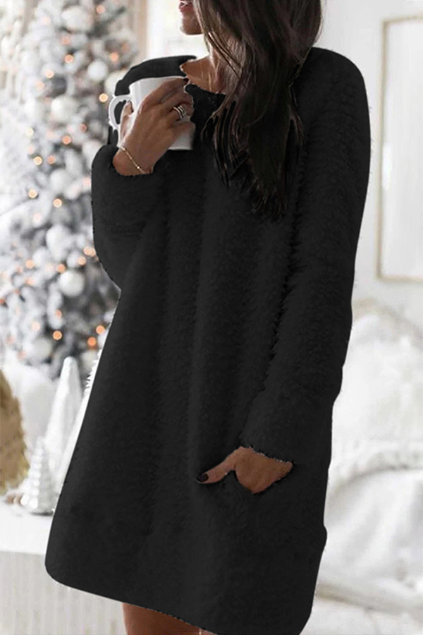 Vestidos casuales de corte A con cuello redondo, bolsillos y parches sólidos