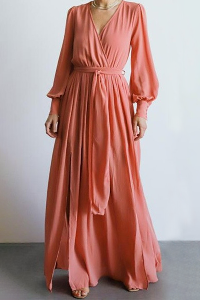 Vestidos elegantes de moda con abertura sólida y cinturón en el cuello en V (5 colores)