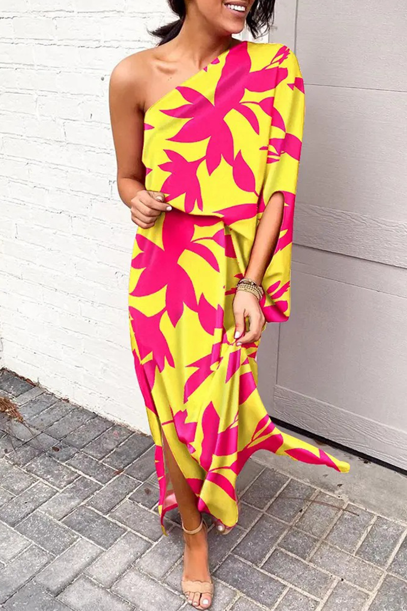 Vestidos casuales con falda y cintura de un solo hombro con estampado de patchwork (5 colores)