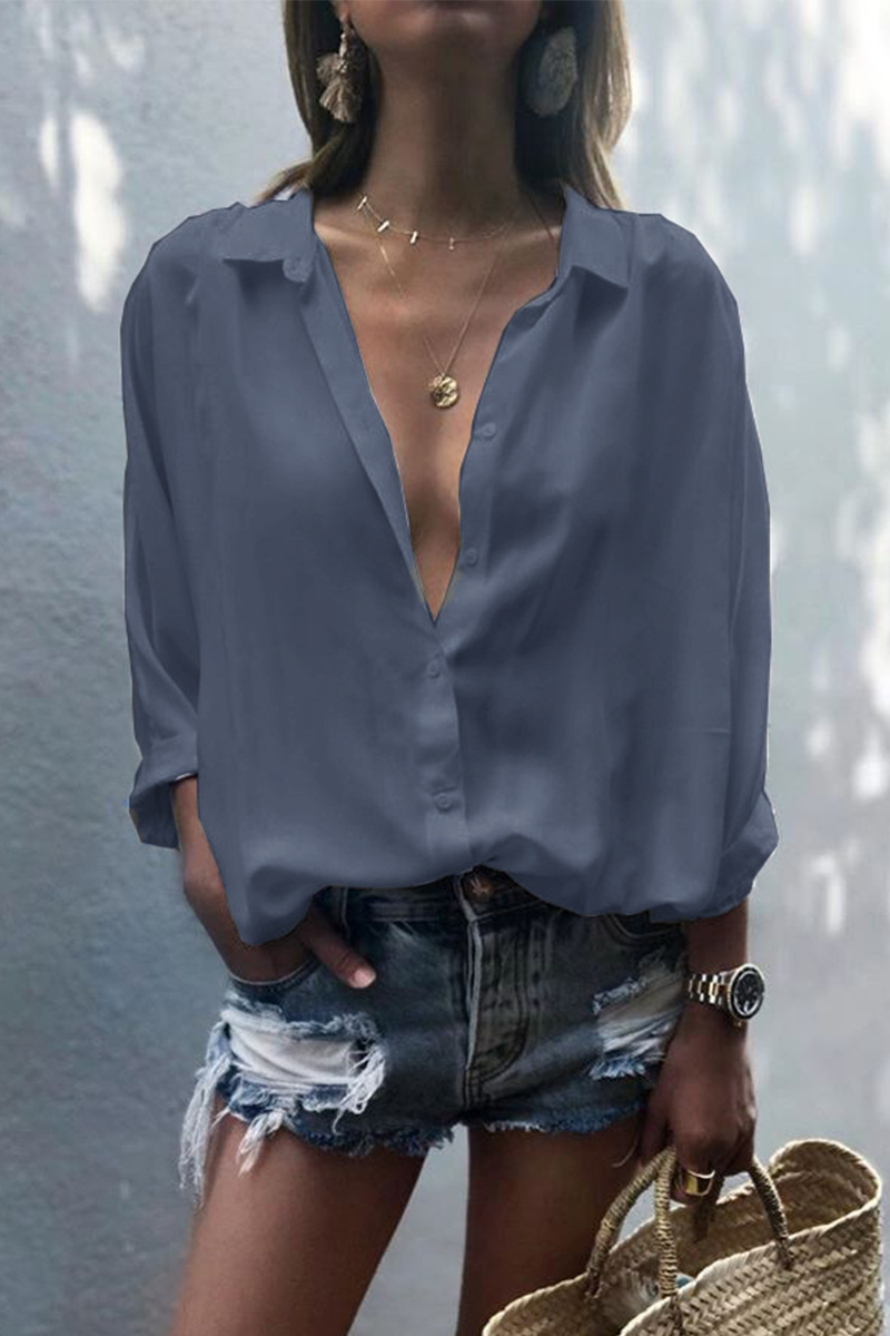 Tops casuales de cuello vuelto con parches sólidos (8 colores)