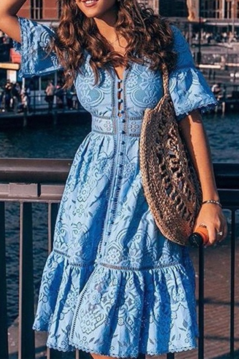 Vestido informal de encaje liso con escote en V (3 colores)