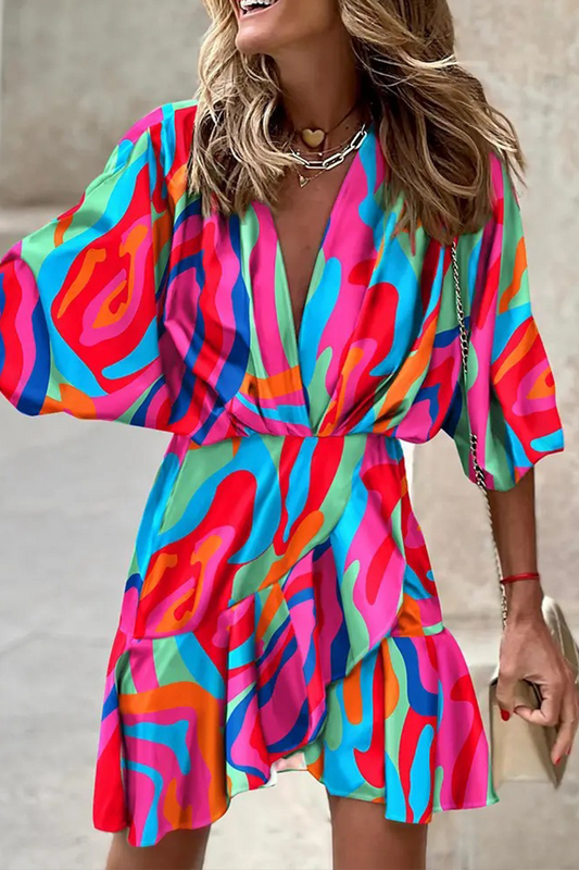 Vestidos casuales con falda y cuello en V y estampado de patchwork (6 colores)