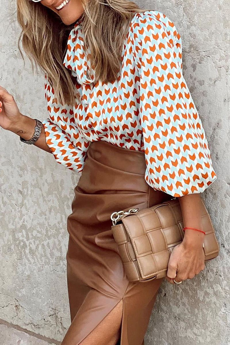 Blusas casuales con cuello de cinta y estampado de patchwork