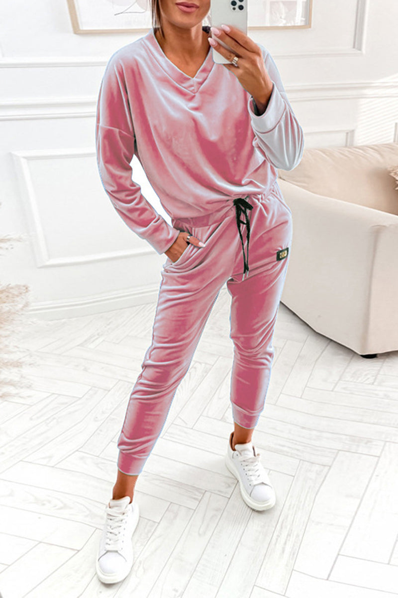 Conjunto informal de dos piezas con cuello en V, manga larga y frenillo liso (4 colores)