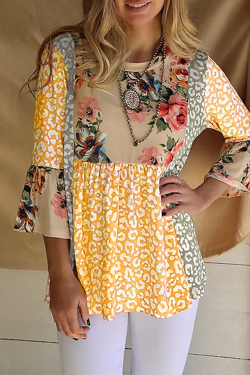 Tops de cuello redondo con contraste y estampado de patchwork de moda (3 colores)