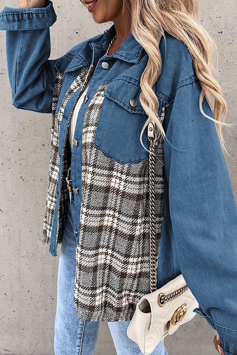 Prenda de abrigo con cuello vuelto, bolsillos y retazos a rayas y cuadros urbanos (6 colores)