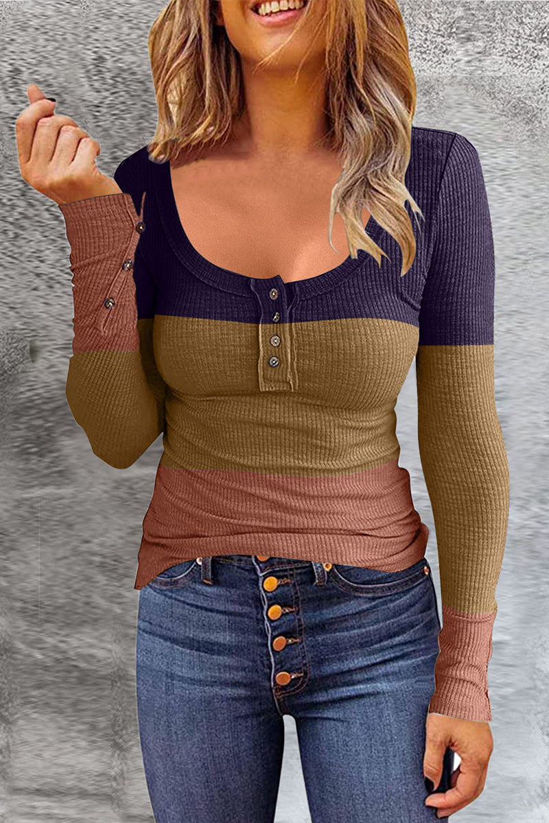 Camisetas informales con botones y cuello redondo, con bloques de color y patchwork (7 colores)