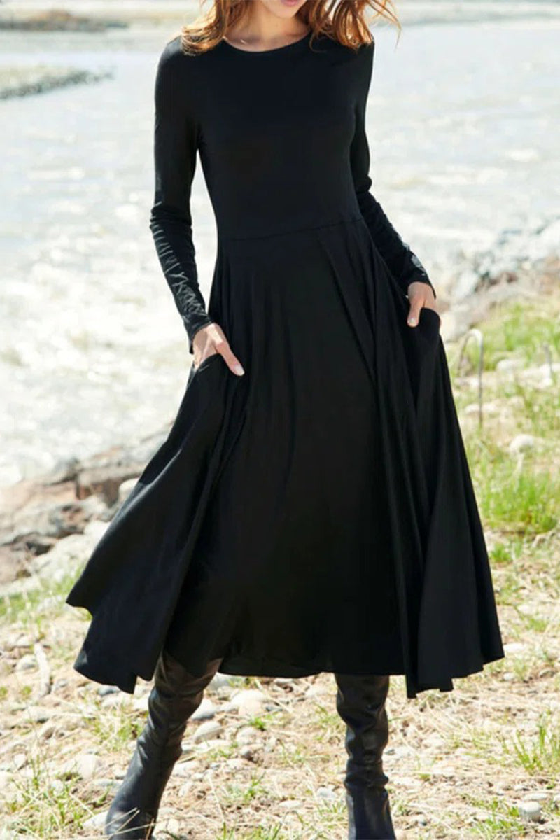 Elegante vestido universitario asimétrico con cuello redondo y bolsillos (5 colores)