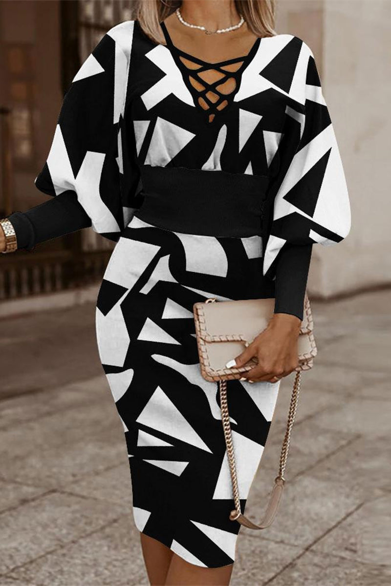 Vestidos elegantes con falda cruzada, cuello en V y estampado de vendaje