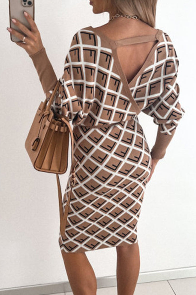 Vestidos de falda lápiz con cuello en V y estampado elegante y sexy