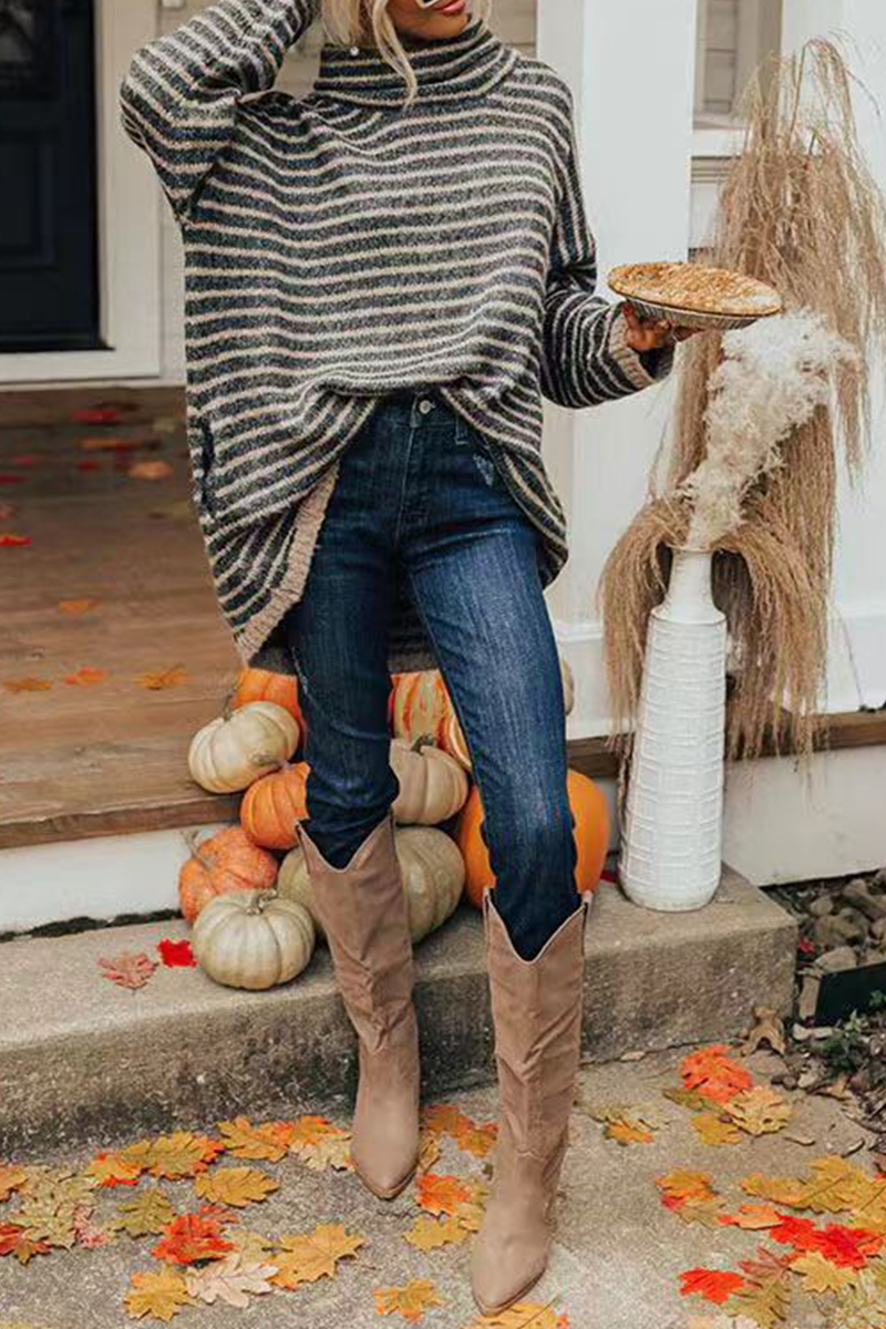 Suéteres casuales de cuello alto con bolsillos y rayas (4 colores)