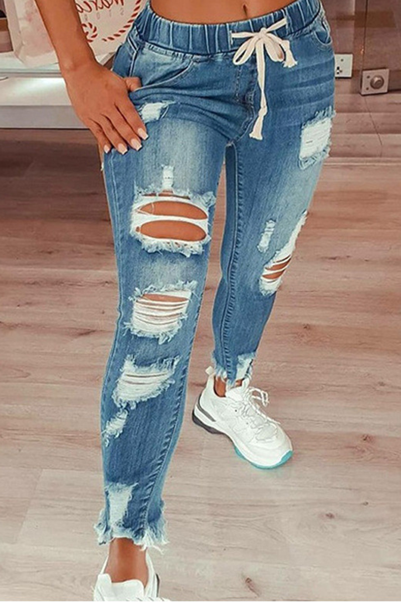 Vaqueros ajustados con cordón ajustable y rotos de Street Solid (4 colores)