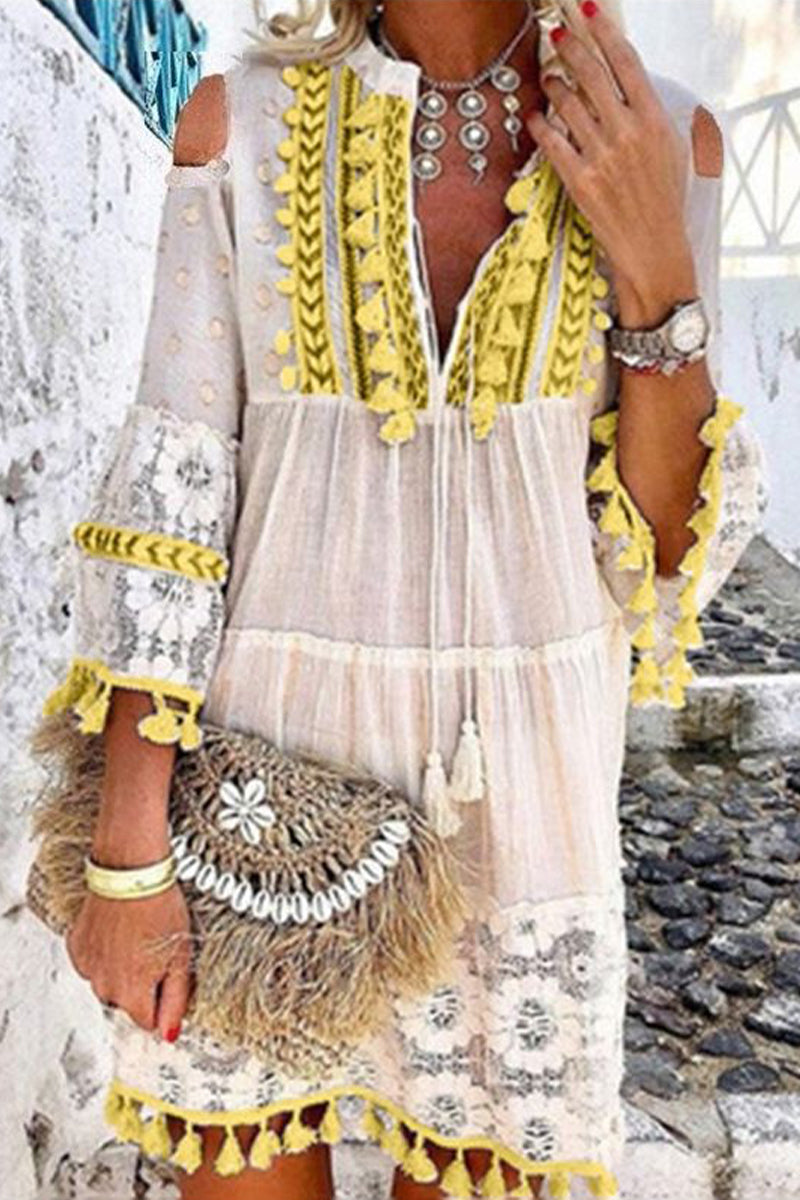 Vestido irregular con cuello en V, bordado y lazo, de patchwork dulce (8 colores)