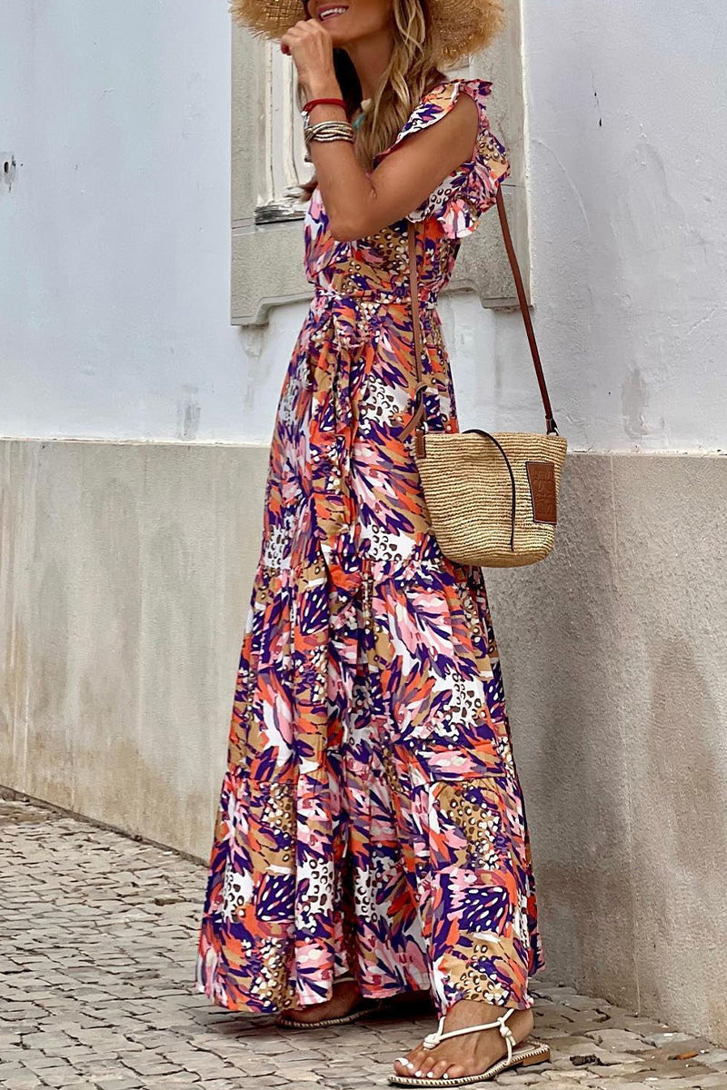 Vestido elegante y dulce con cuello en V, sin mangas y estampado de patchwork