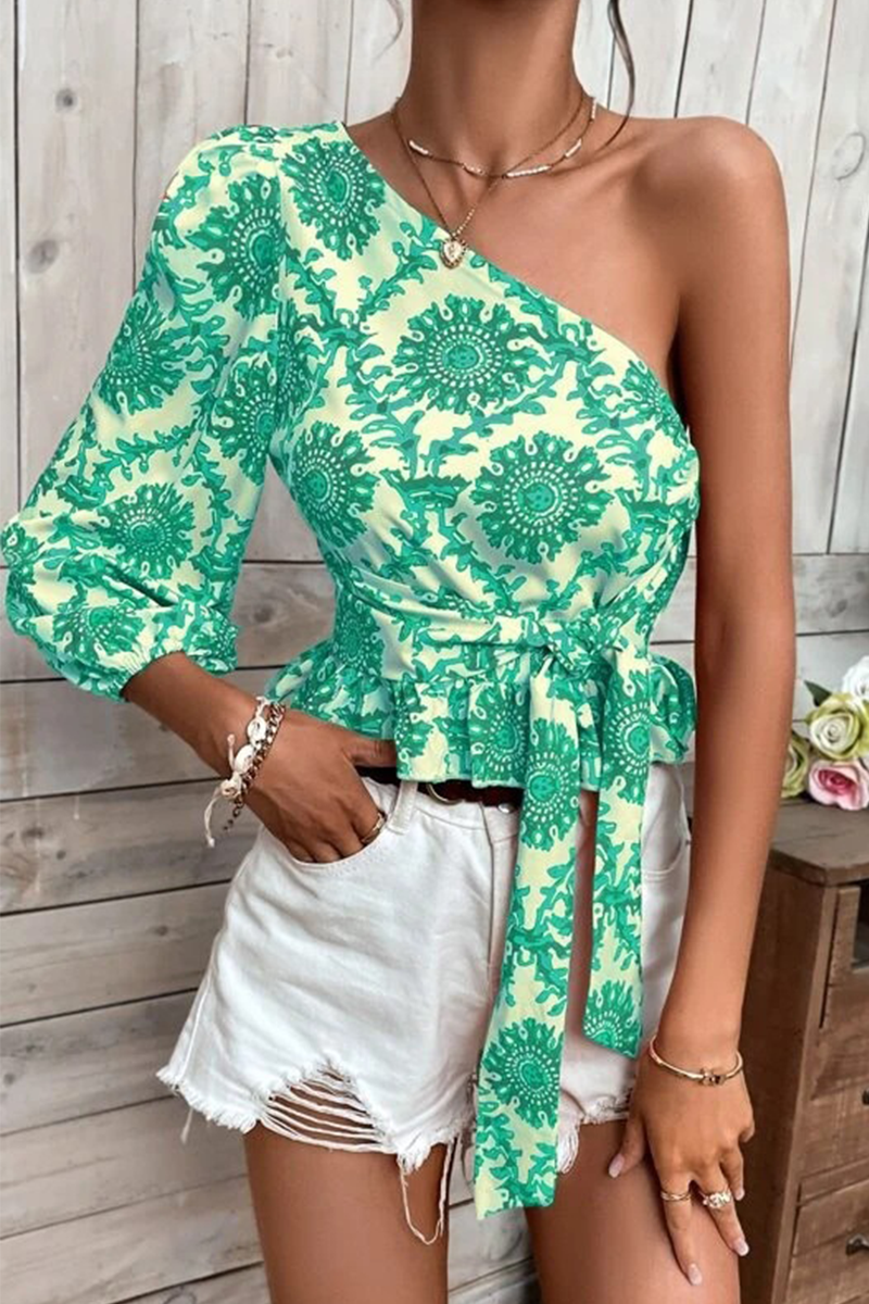 Elegante blusa de cuello oblicuo con estampado de patchwork sin posicionamiento para vacaciones (4 colores)