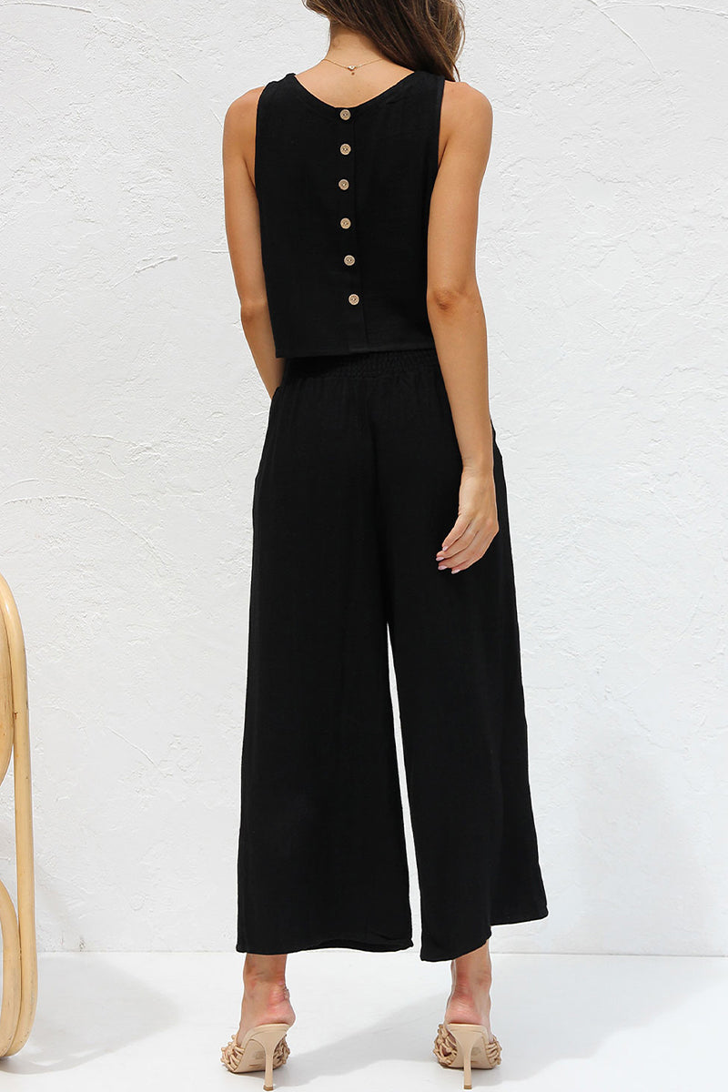 Conjunto informal de dos piezas con cuello redondo, sin mangas y hebilla sólida para calle