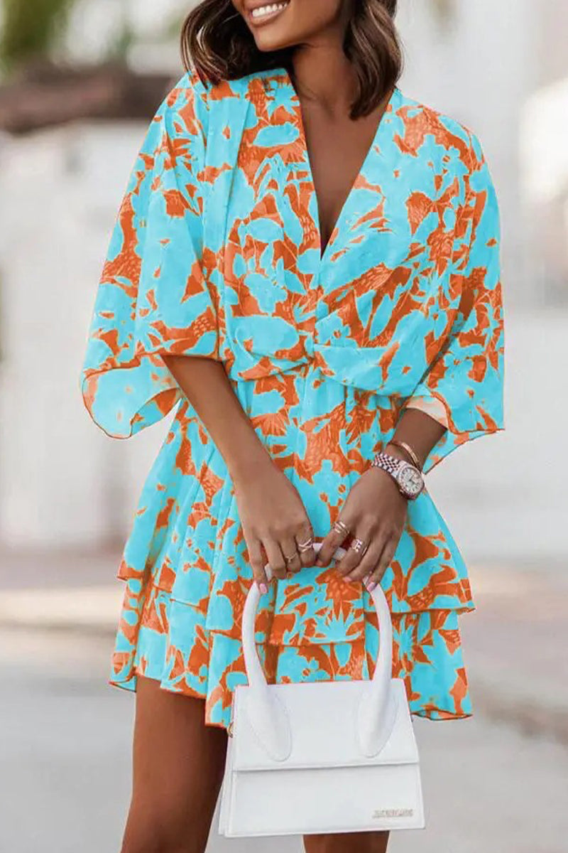 Vestidos plisados elegantes con cuello en V y patchwork floral (9 colores)