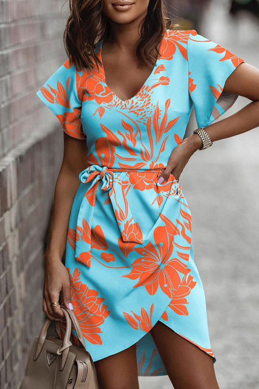 Vestido informal con estampado de patchwork, cuello en V, irregular, frenillo (5 colores)