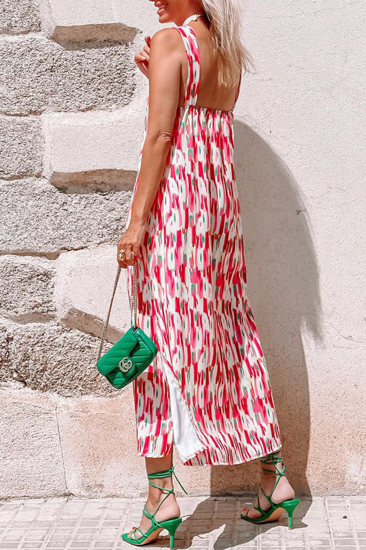 Vestidos casuales de vacaciones con estampado de patchwork y cuello halter en forma de A