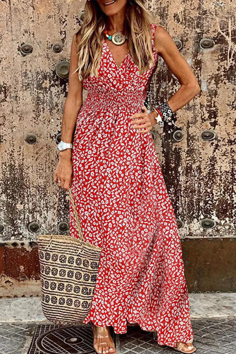 Elegante vestido de tirantes con cuello en V y estampado de patchwork para vacaciones