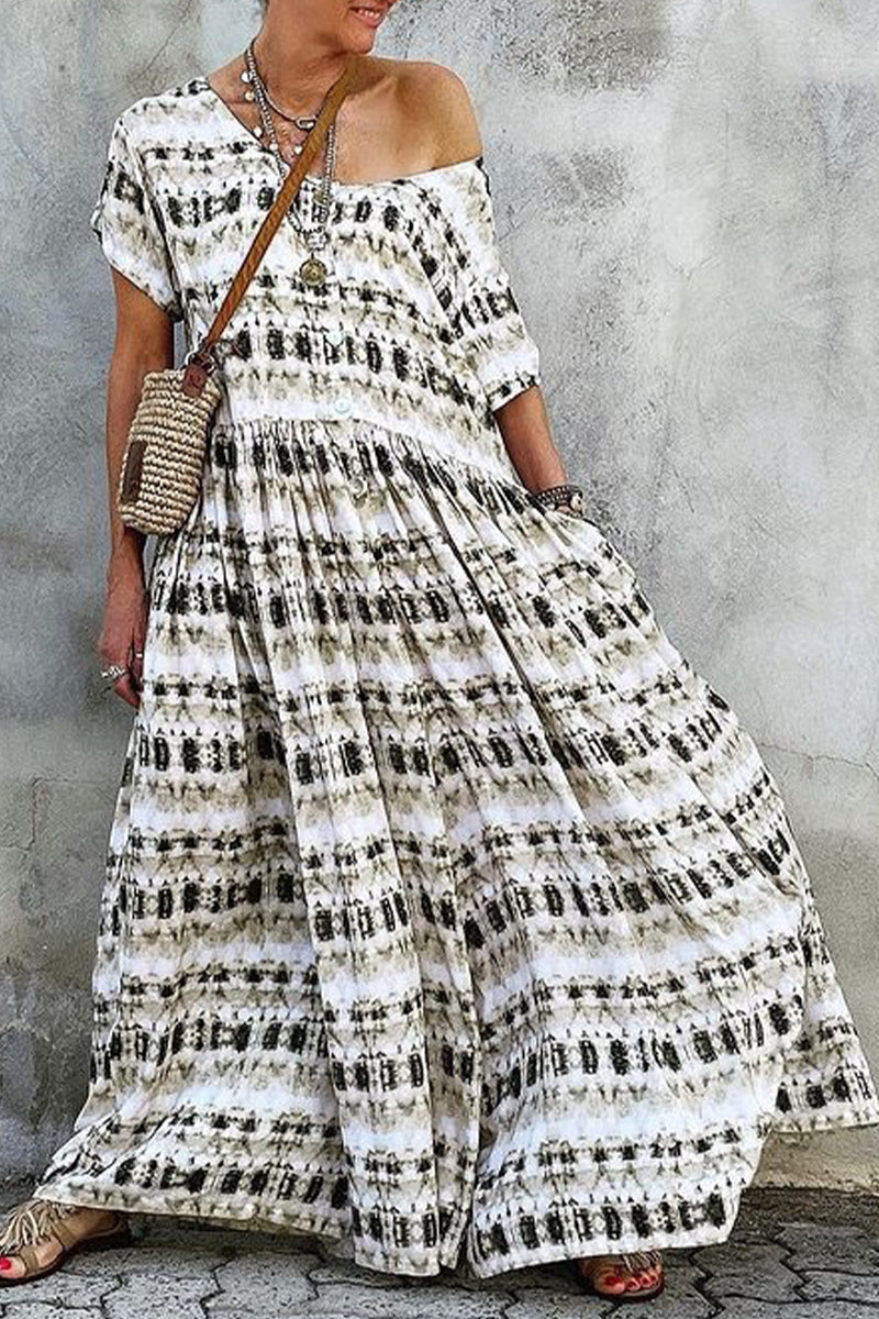 Vestido informal de vacaciones con cuello redondo, manga corta, diseño irregular y patchwork geométrico