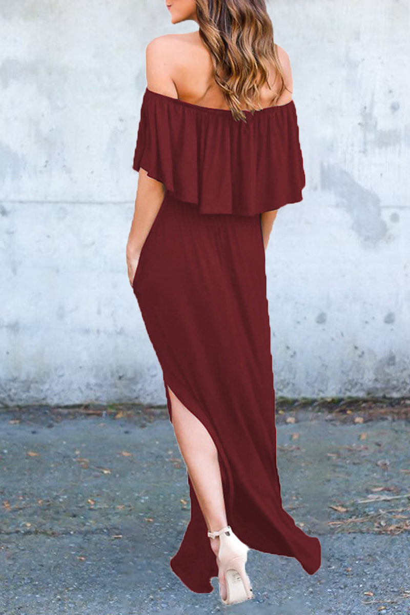 Vestido sexy informal de corte A con hombros descubiertos, bolsillos sólidos y volantes (5 colores)