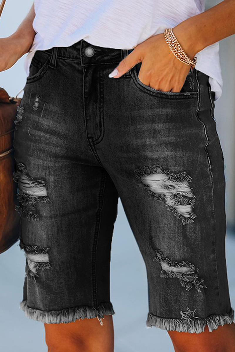 Shorts vaqueros rectos de cintura alta con rotos y estampados lisos informales