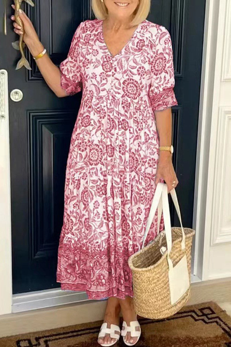 Elegante vestido de vacaciones con cuello en V, estampado tie-dye y patchwork.