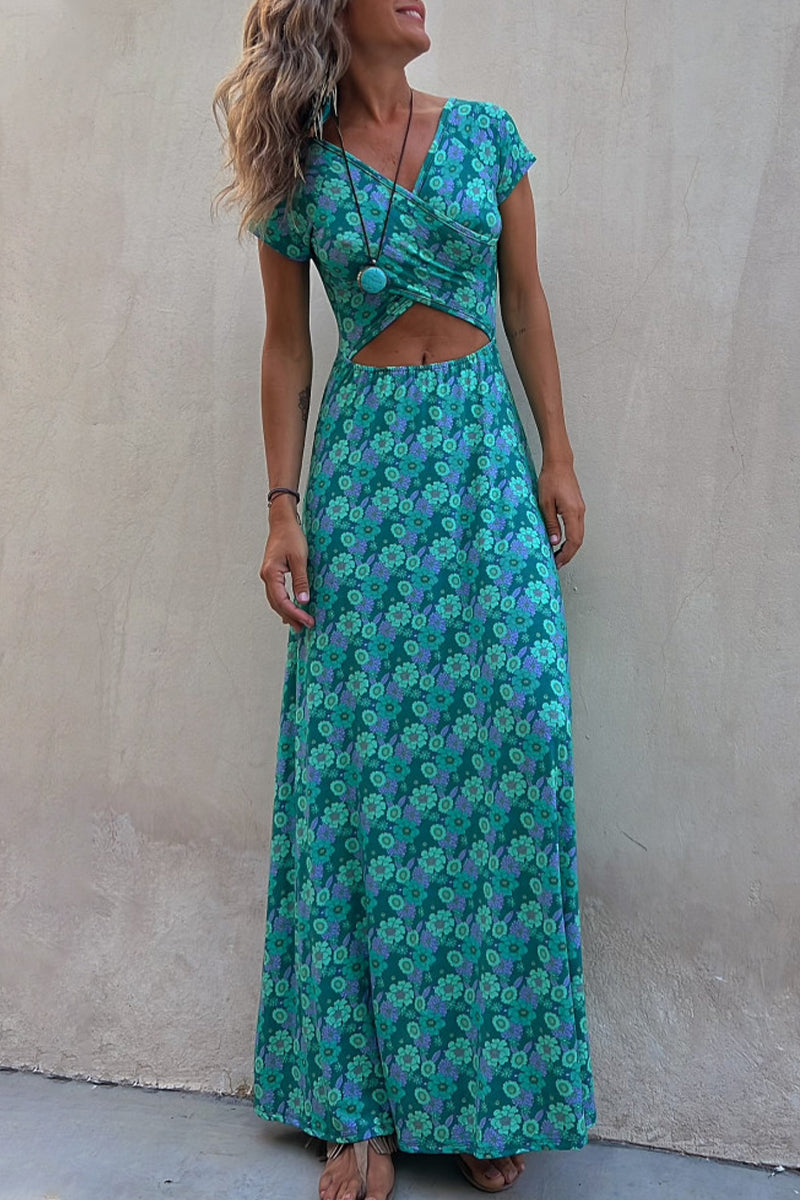 Vestido informal elegante con estampado de patchwork, cuello en V, corte A y manga corta