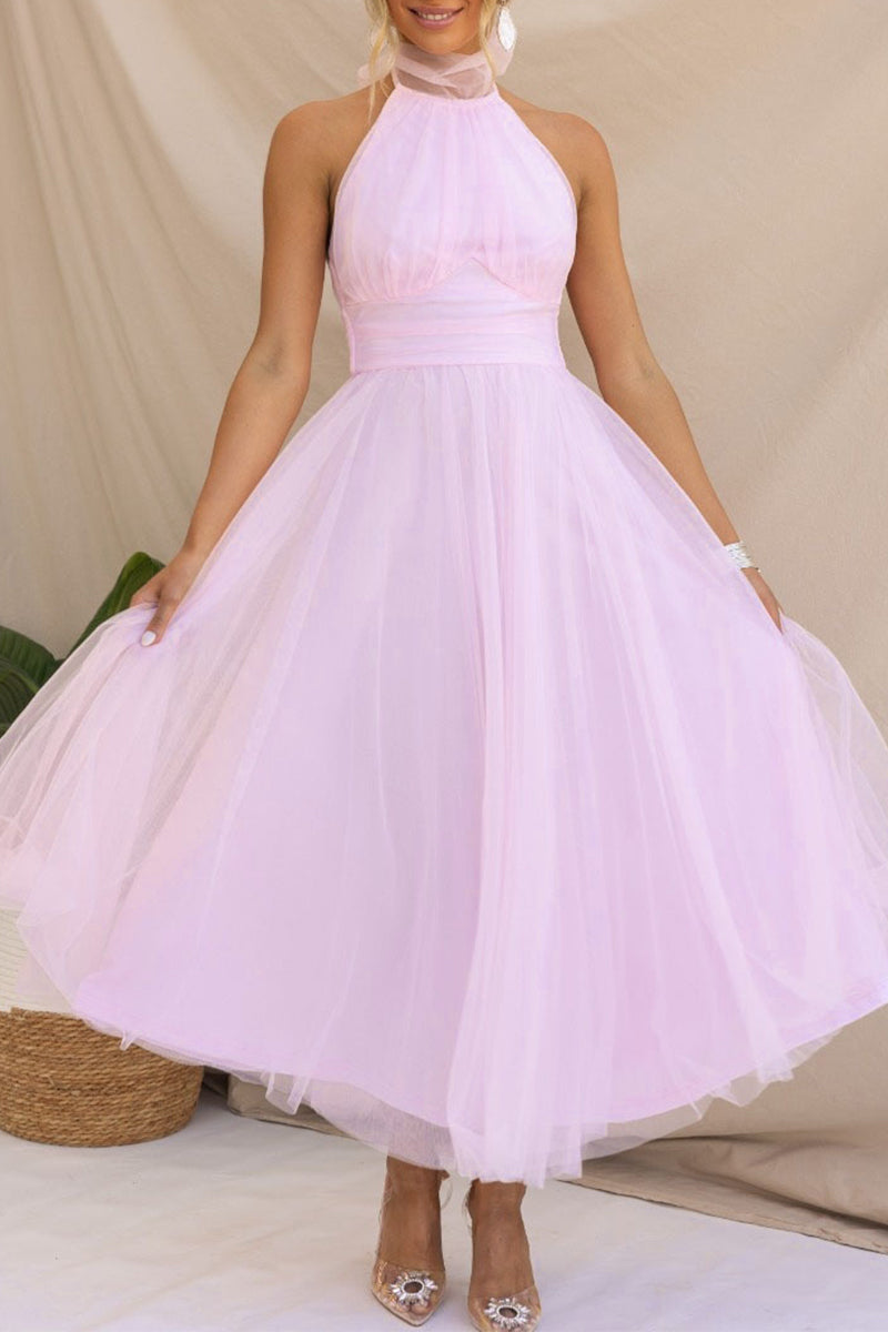 Vestidos elegantes de corte A con escote halter, espalda descubierta y lisos (6 colores)