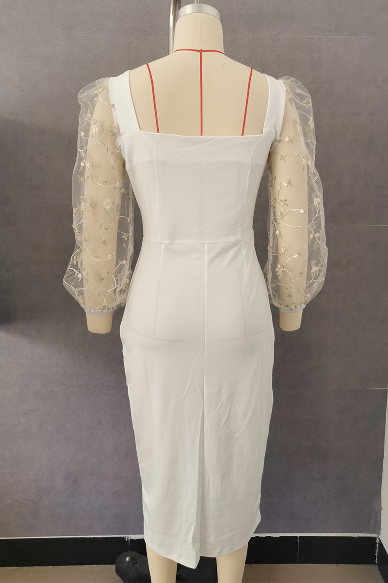 Elegante vestido de falda cruzada con cuello cuadrado y bordado sólido