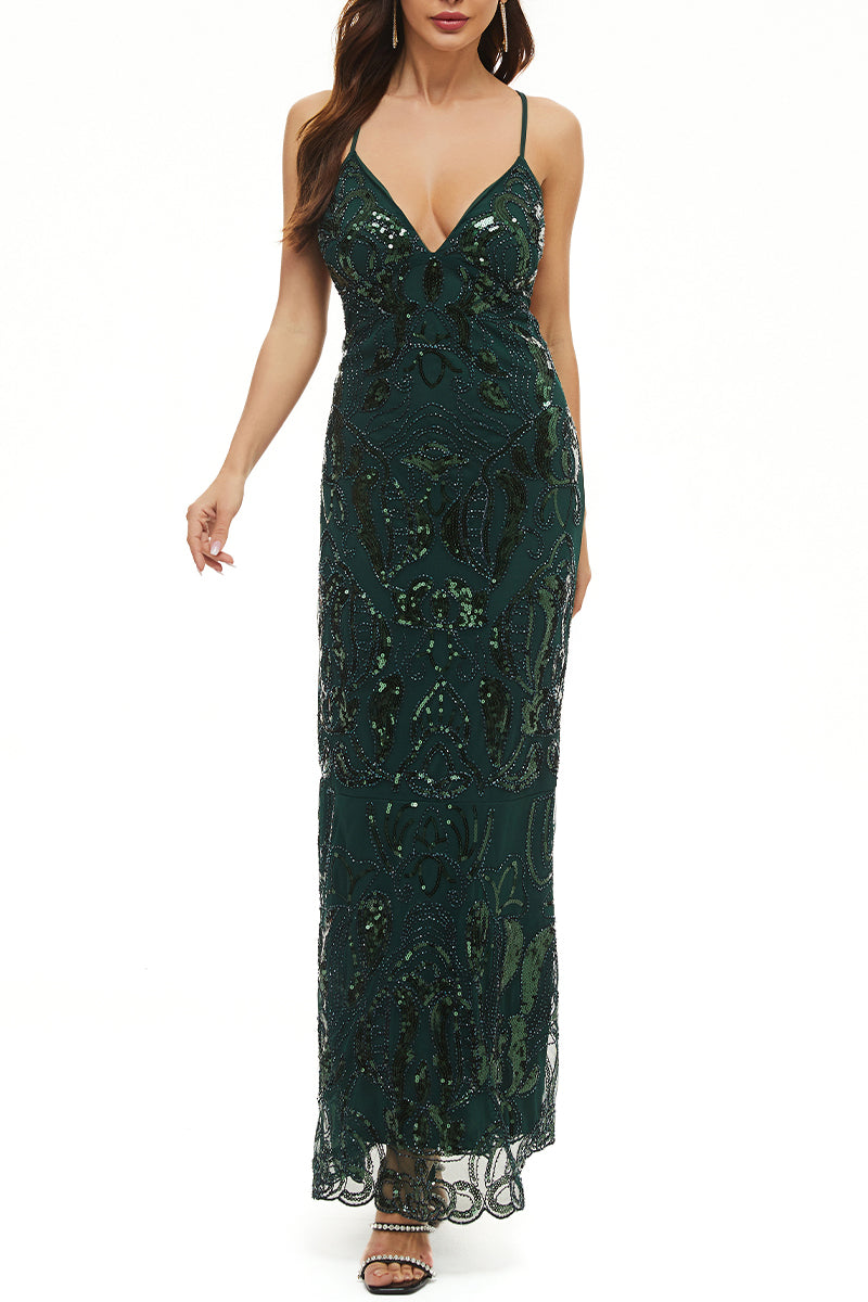 Vestido de noche sexy formal con cuello en V y lentejuelas y parches